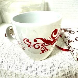 New White Mug with Red Damask Swirl Design in Perfect Gift Box Valentines Gift